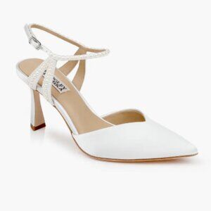 Badgley Mischka Collection Destinee Ankle Strap Pointed Toe Pump in White Satin